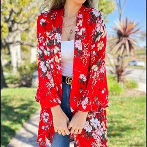 Wanderlux Floral Red Kimono Cardigan Blazer M